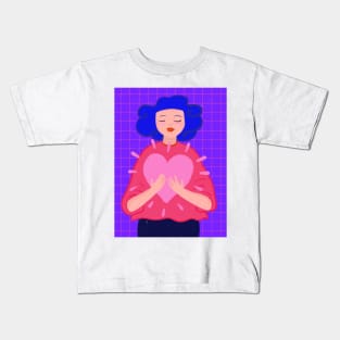 Blue hair girl with big pink heart Kids T-Shirt